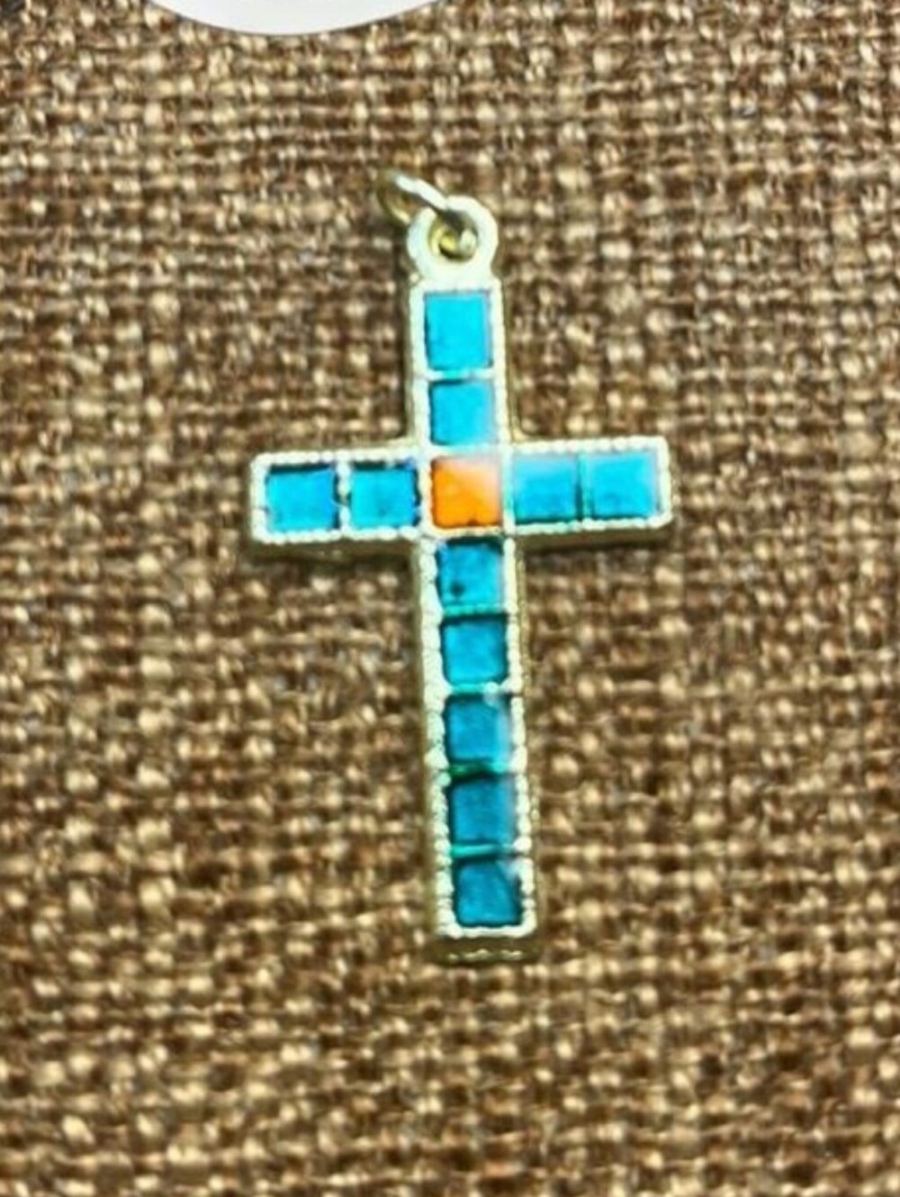 Cross Pendant Necklace - Blue and Orange Inlay